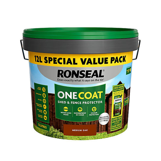 Ronseal One Coat Medium Oak Matt Exterior Shed & fence Protector Wood paint, 12L Tub