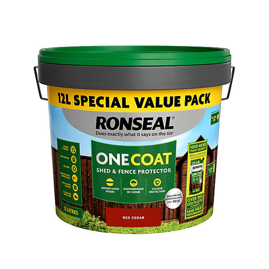 Ronseal One Coat Red Cedar Matt Exterior Shed & fence Protector Wood paint, 12L Tub