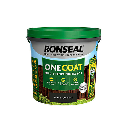 Ronseal One Coat Tudor Black Oak Matt Exterior Shed & fence Protector Wood paint, 5L Tub