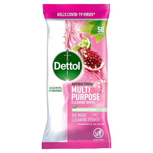 Dettol Antibacterial Multipurpose Cleaning Wipes Pomegranate & Lime Splash, 50 Wipes