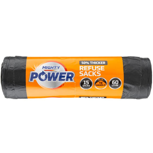 Mighty Power Tie Handle Refuse Sacks, 60L (Pack of 15)