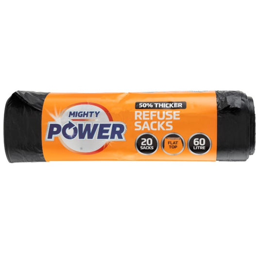 Mighty Power Extra Strong Flat Top Refuse Sacks  60L (Pack of 20)