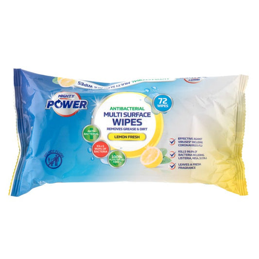 Mighty Power Antibacterial Multi Surface Wipes - Lemon (Pack of 72)
