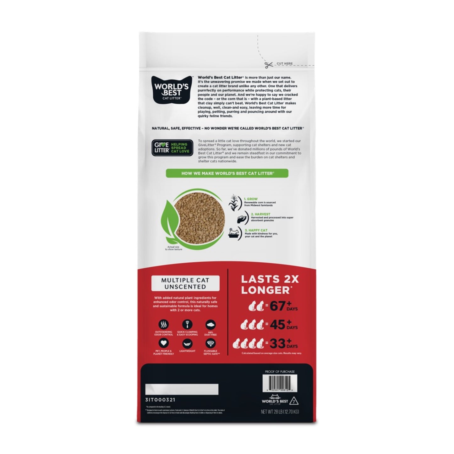 World's Best Quick Clumping Corn Multiple Unscented Cat Litter 12.7kg