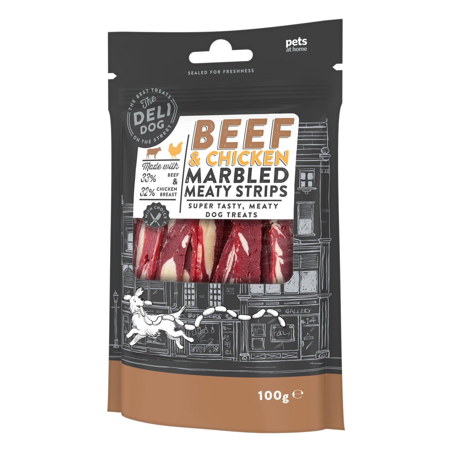 Pets At Home The Deli Dog Beef & Chicken Marbled Meaty Strips Dog Treats 100g