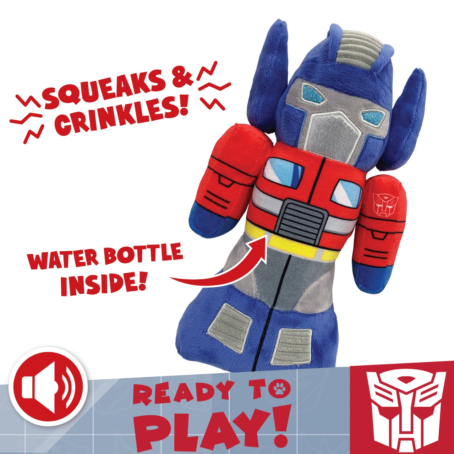 Hasbro Optimus Prime Crunch Water Bottle Squeaky Plush Dog Toy