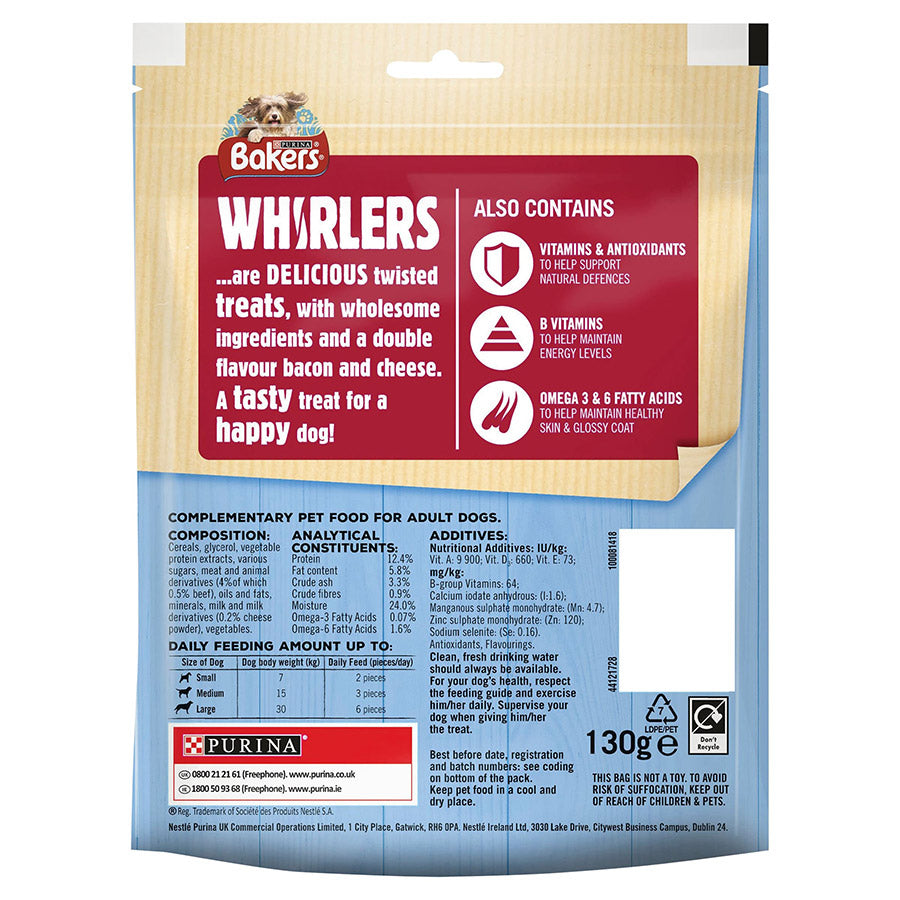 Bakers Whirlers Dog Treats Bacon & Cheese 130g