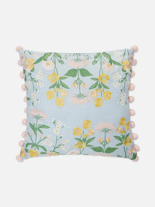 Floral Square Cushion with Pom Poms