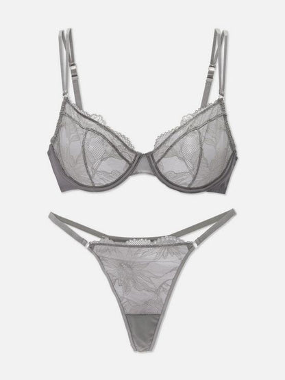 Floral Embroidered Non-Padded Bra and Thong Set