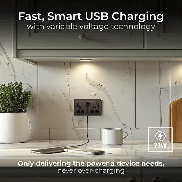 BG Black Nickel Double 13A 22W Raised slim Switched Screwed Socket with USB, x2 & Black inserts