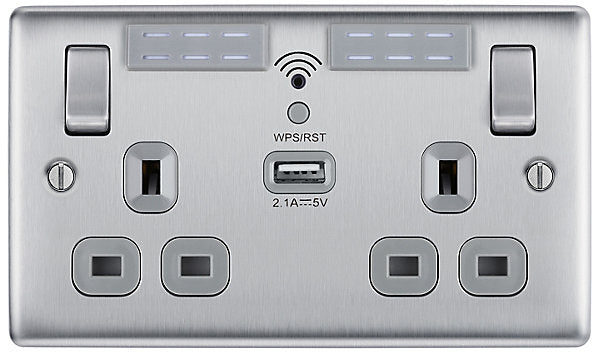 BG Brushed Steel 13A Raised slim Double WiFi extender socket with USB