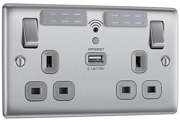 BG Brushed Steel 13A Raised slim Double WiFi extender socket with USB