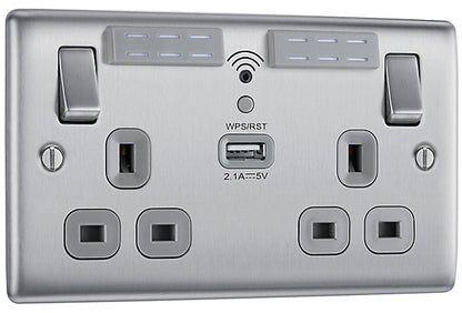 BG Brushed Steel 13A Raised slim Double WiFi extender socket with USB