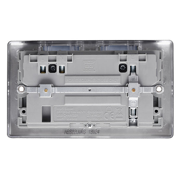 BG Brushed Steel 13A Raised slim Double WiFi extender socket with USB