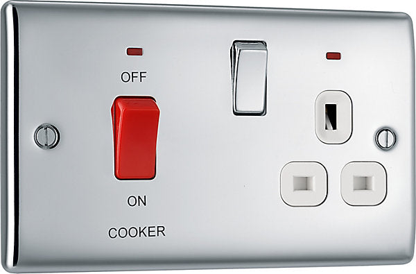BG Chrome Cooker switch & socket with neon & White inserts