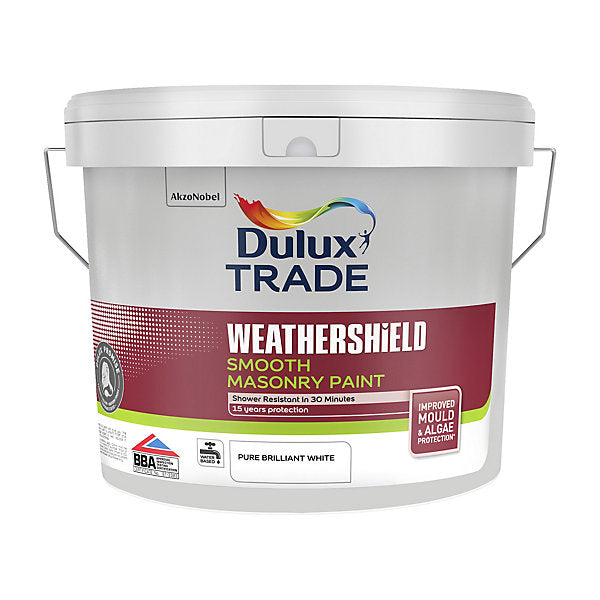Dulux Trade Weathershield Pure Brilliant White Smooth Masonry paint, 10L Tin