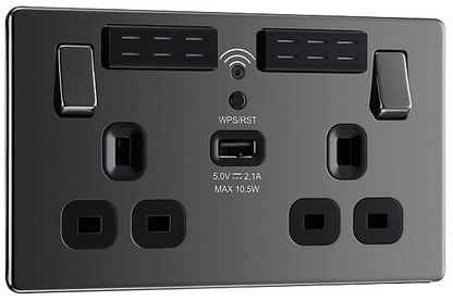GoodHome Black Nickel 13A Switched Double Screwless WiFi extender socket with USB