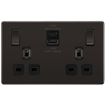 GoodHome Black Nickel Double 13A Flat Switched Screwless Socket with USB, x2 & Black inserts