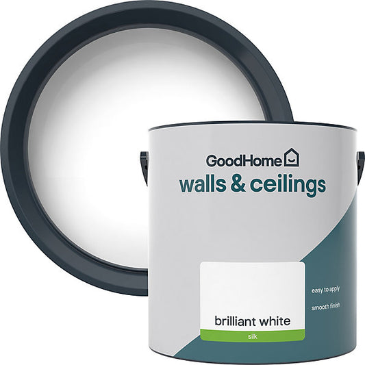 GoodHome Brilliant white Vinyl silk Wall & ceiling Emulsion paint, 2.5L