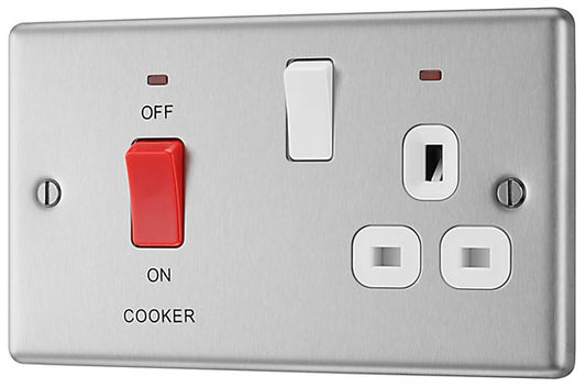 GoodHome Brushed Steel Cooker switch & socket with neon & White inserts