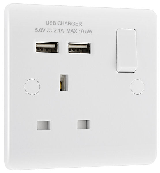 LAP White Single 13A Raised slim Switched Screwed Socket with USB, x2 & White inserts