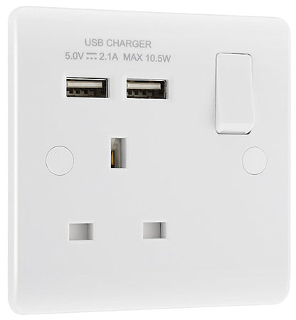 LAP White Single 13A Raised slim Switched Screwed Socket with USB, x2 & White inserts