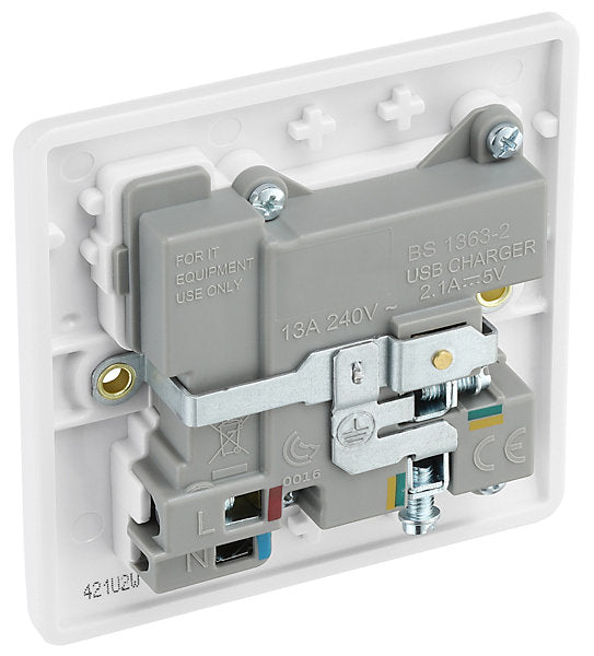 LAP White Single 13A Raised slim Switched Screwed Socket with USB, x2 & White inserts