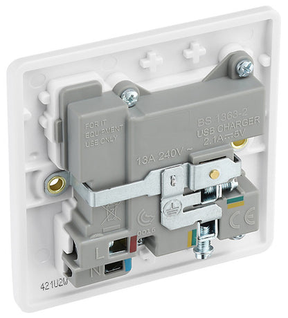 LAP White Single 13A Raised slim Switched Screwed Socket with USB, x2 & White inserts