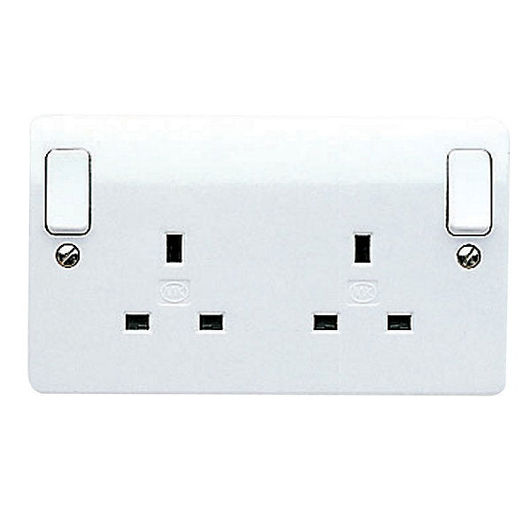 MK Double 13A 240V Gloss White Outboard Socket with 2 poles