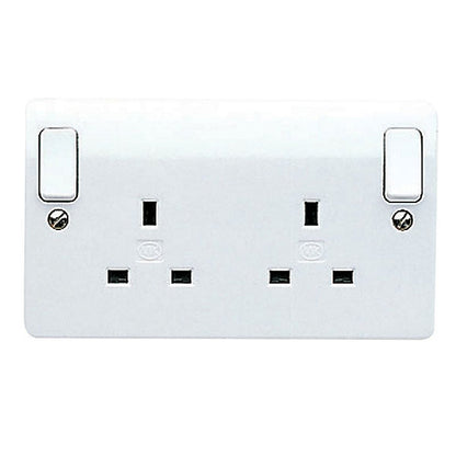 MK Double 13A 240V Gloss White Outboard Socket with 2 poles