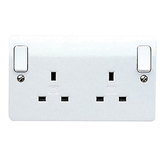 MK Double 13A 240V Gloss White Outboard Socket with 2 poles