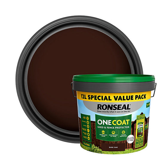 Ronseal One Coat Dark Oak Matt Exterior Shed & fence Protector Wood paint, 12L Tub