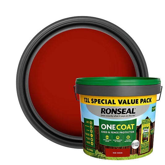 Ronseal One Coat Red Cedar Matt Exterior Shed & fence Protector Wood paint, 12L Tub