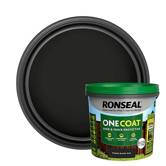 Ronseal One Coat Tudor Black Oak Matt Exterior Shed & fence Protector Wood paint, 5L Tub