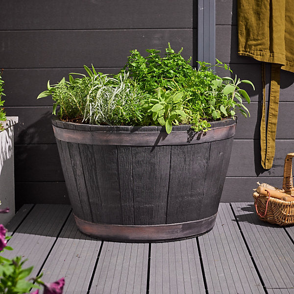Verve Brown Wood effect Barrel Plastic Plant pot (Dia) 52cm, (H)24.5cm